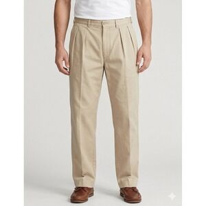 VTG Polo Ralph Lauren Andrew Pant Men 35x30 Tan Khaki Pleated 100% Cotton Chinos